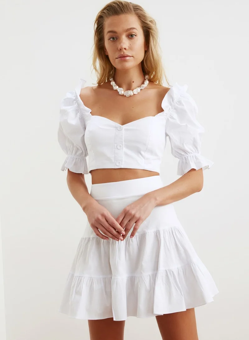 trendyol Puff Sleeve Cropped Top & Skirt Set