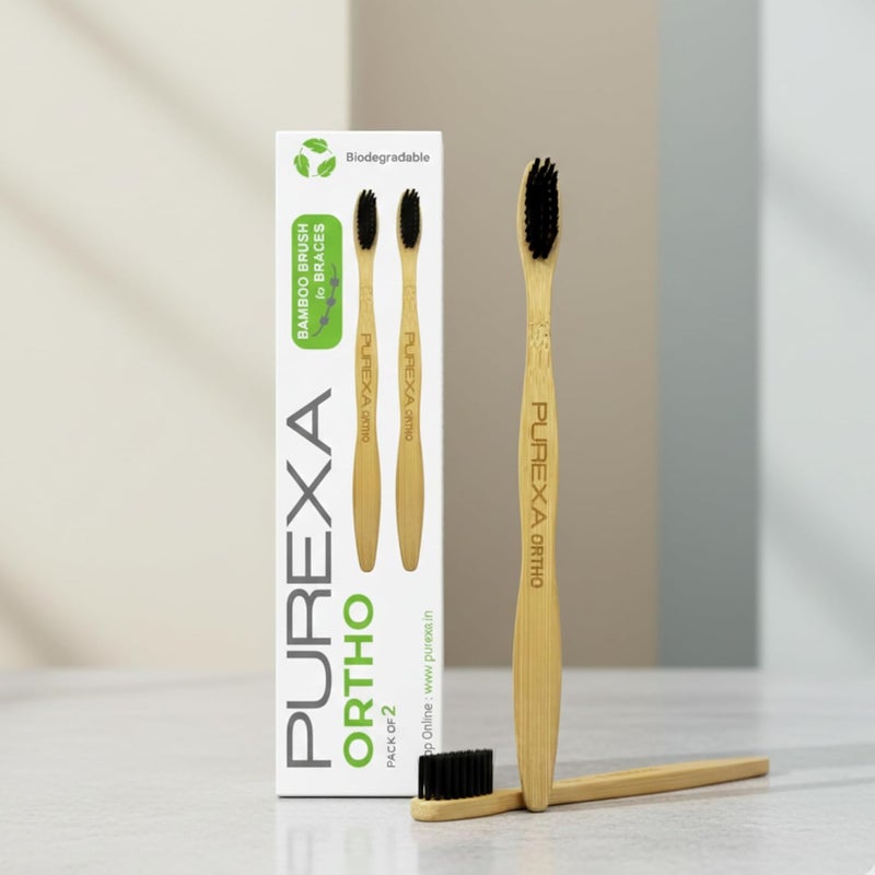 PUREXA Orthodontic bamboo toothbrush for braces with charcoal infused soft bristles. natural and eco friendly, compostable, bpa free manual toothbrushes for adults (Pack of 2) - Image 1