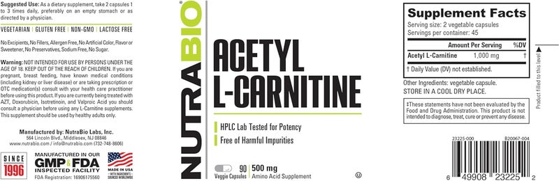 NutraBio Acetyl LCarnitine ALCAR Supplement 500mg  Support Natural Energy Production Metabolic Management and Overall Health 90 Capsules - Image 3