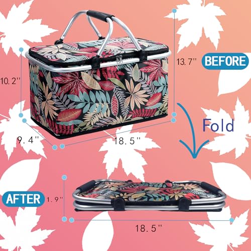 Aikolesa Insulated Picnic Basket for 2 Collapsible Shopping Baskets with 29L Large Market Basket with Handles Folding Grocery Basket Insulated Cooler Bag for Picnic Travel Food Delivery Market Shopping Red - Image 3