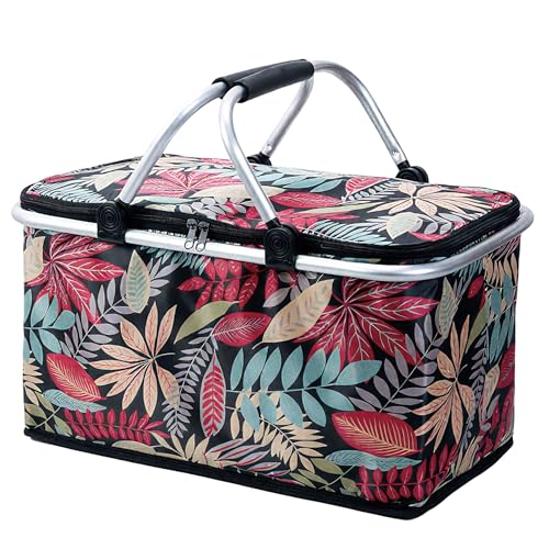 Aikolesa Insulated Picnic Basket for 2 Collapsible Shopping Baskets with 29L Large Market Basket with Handles Folding Grocery Basket Insulated Cooler Bag for Picnic Travel Food Delivery Market Shopping Red - Image 1