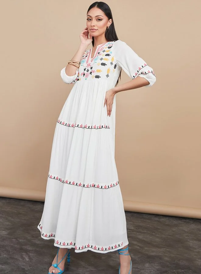 Styli 3/4 Sleeves Notch Neck Tiered Maxi Dress