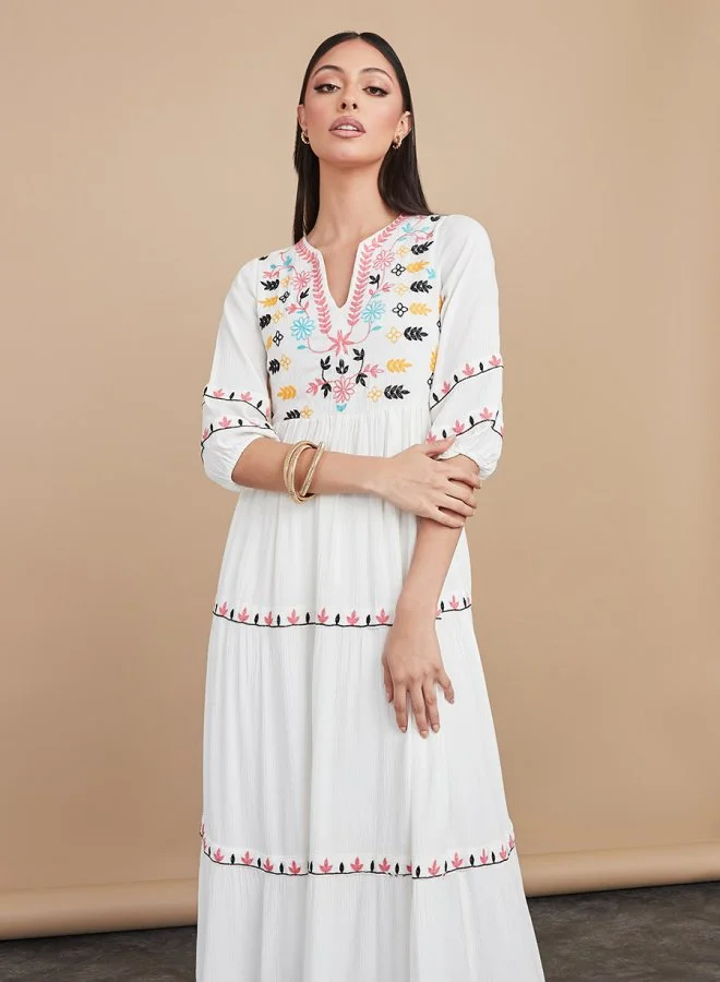 Styli 3/4 Sleeves Notch Neck Tiered Maxi Dress