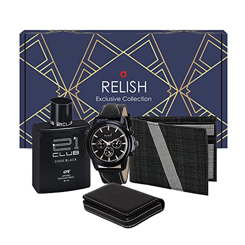 Relish Gift Combo Box of Men's Black Analog Leather Strap Watch, Texture Wallet, Long Lasting Perfume and Card Holder - Image 1