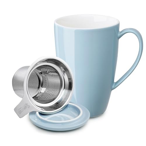 Sweese 15 OZ Porcelain Tea Mug with Infuser and Lid Loose Leaf Tea Cup Gifts for Tea Lover Bluish Grey