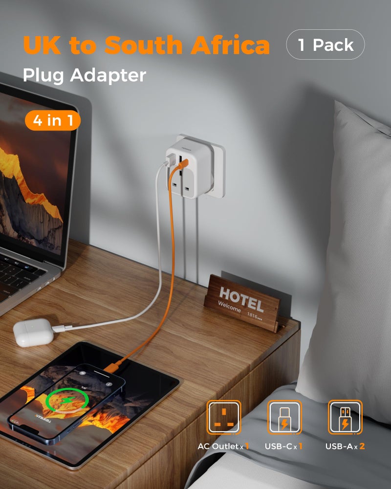 تيسان TESSAN South African Plug Adapter, UK to South Africa Plug Adapter with USB - Image 3