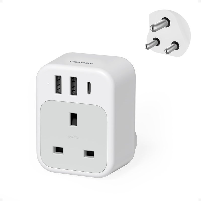 تيسان TESSAN South African Plug Adapter, UK to South Africa Plug Adapter with USB - Image 1