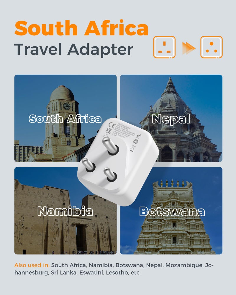 تيسان TESSAN South African Plug Adapter, UK to South Africa Plug Adapter with USB - Image 2
