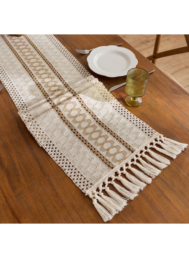 Cotton And Linen Style Woven Table Runner Tassel Hollow Country Farmhouse Dining Table Decoration  Style Long Coffee Table Tablecloth