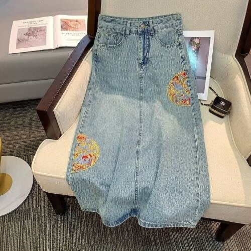 New Chinese Style National Style Jacquard Embroidered Wide-leg Denim Skirt Womens Spring and Summer Design Sense Loose Small Womens Straight Midi Dress Blue