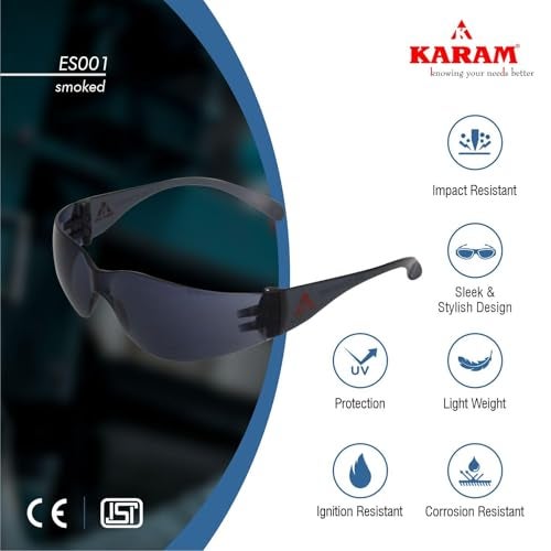 Karam ES001 Safety Goggles with Smoked Lens | Safety Glasses for Multipurpose Use for Pollution, Dust, Riding & Construction Work | Scratch & Impact Resistant - Image 5
