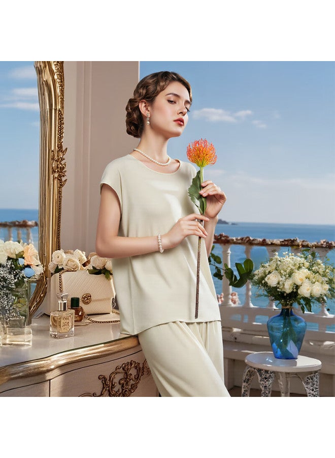 Montagut Modal Short Sleeve Women's Four Seasons Lightweight Ice Silk Cooling Base Layer Loose Homewear Top Gift For Mom - Image 1