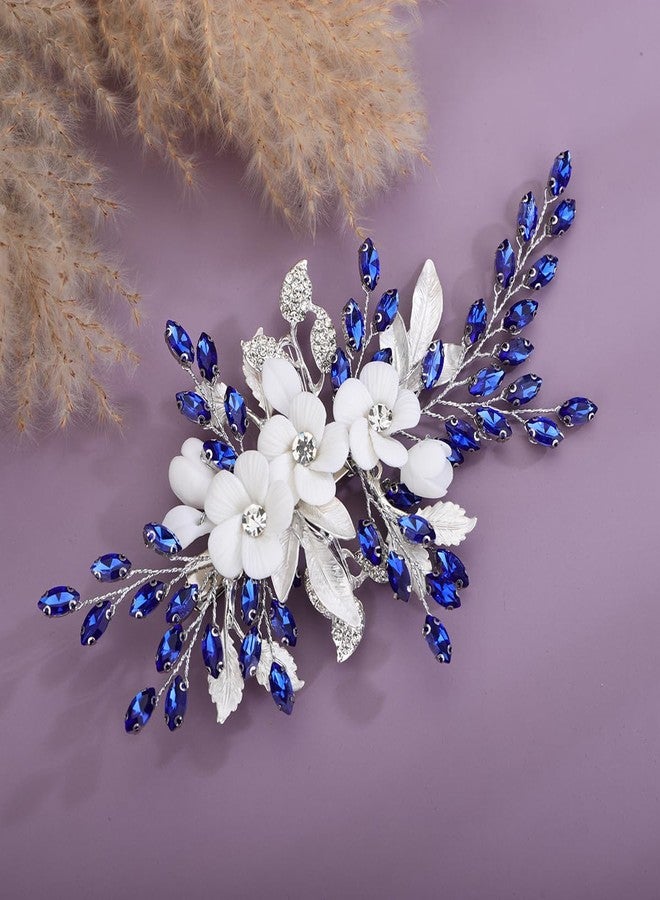 Xerling Royal Blue Rhinestones Hair Barrette White Flower Silver Hair Clip Bridal Wedding Sapphire Hair Jewelry Alligator Duckbill Clip Floral Headpiece for Women Girls (Blue) - Image 3