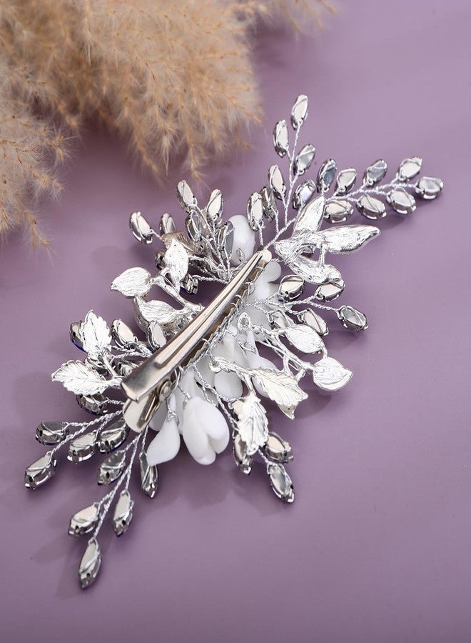 Xerling Royal Blue Rhinestones Hair Barrette White Flower Silver Hair Clip Bridal Wedding Sapphire Hair Jewelry Alligator Duckbill Clip Floral Headpiece for Women Girls (Blue) - Image 4
