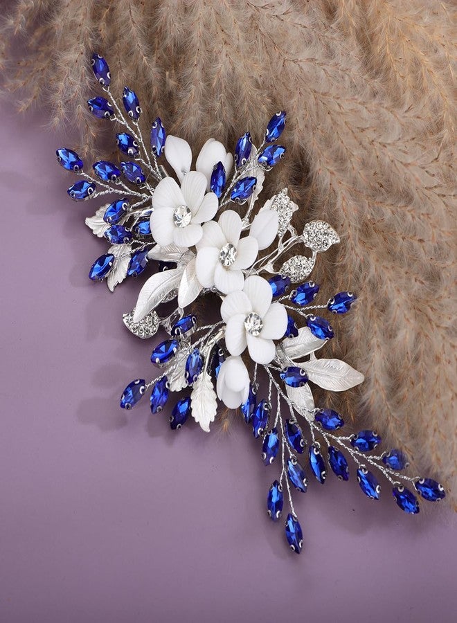 Xerling Royal Blue Rhinestones Hair Barrette White Flower Silver Hair Clip Bridal Wedding Sapphire Hair Jewelry Alligator Duckbill Clip Floral Headpiece for Women Girls (Blue) - Image 5