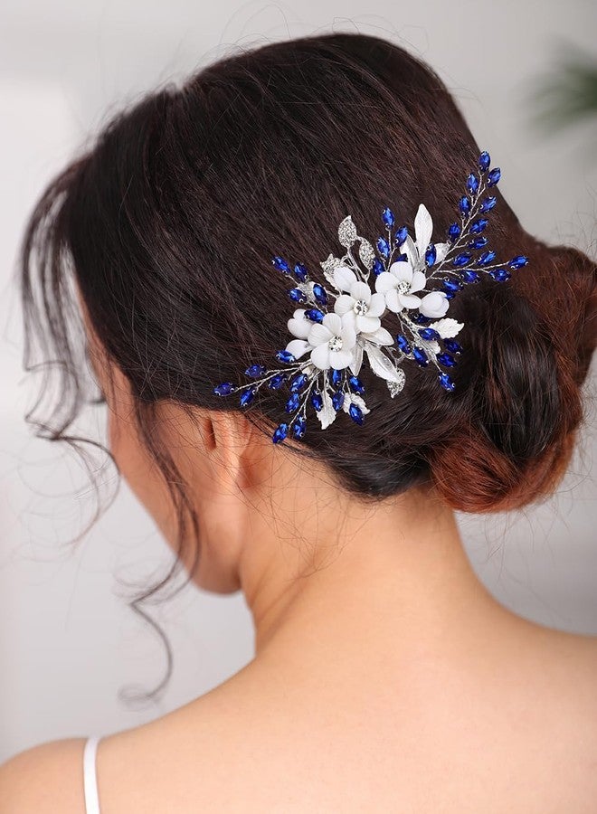 Xerling Royal Blue Rhinestones Hair Barrette White Flower Silver Hair Clip Bridal Wedding Sapphire Hair Jewelry Alligator Duckbill Clip Floral Headpiece for Women Girls (Blue) - Image 1