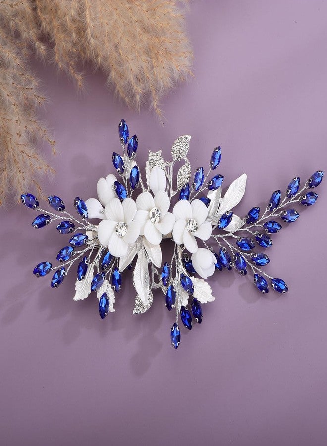 Xerling Royal Blue Rhinestones Hair Barrette White Flower Silver Hair Clip Bridal Wedding Sapphire Hair Jewelry Alligator Duckbill Clip Floral Headpiece for Women Girls (Blue) - Image 2