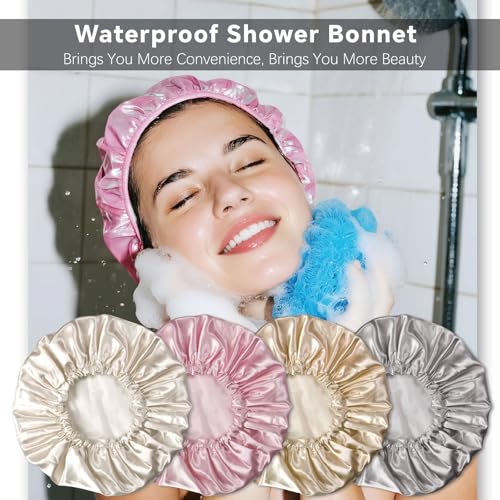 Smilco Reusable Shower Caps 4-Pack - EVA Double-Layer Waterproof for Women, 12.6 Inch Large Hair Protector - Image 2