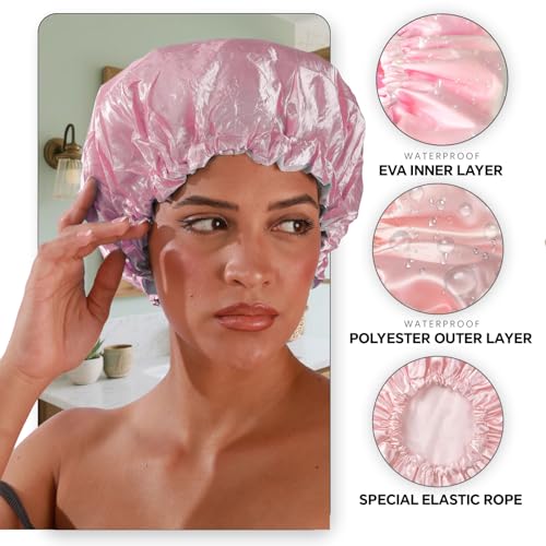 Smilco Reusable Shower Caps 4-Pack - EVA Double-Layer Waterproof for Women, 12.6 Inch Large Hair Protector - Image 3