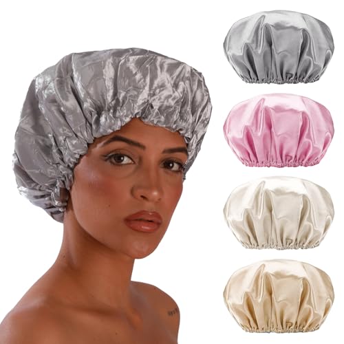 Smilco Reusable Shower Caps 4-Pack - EVA Double-Layer Waterproof for Women, 12.6 Inch Large Hair Protector - Image 1