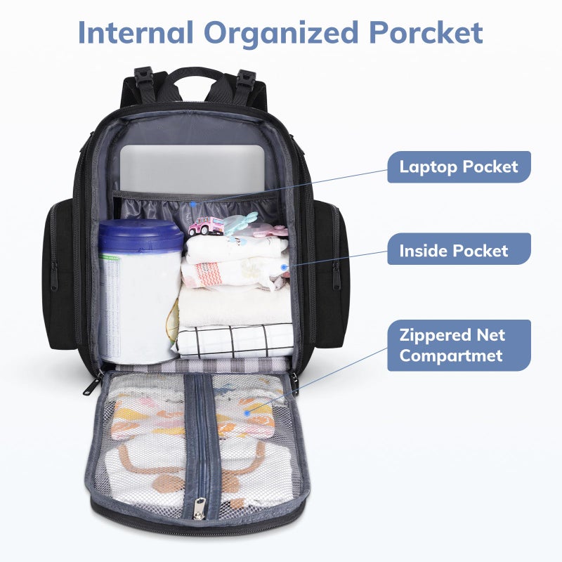 Mancro Backpack Diaper Bag, Waterproof Boy Travel Bag for Dad and Men, Large Multi-Function, Many Pockets, Lightweight, Stylish Diaper Backpack, Black - Image 2