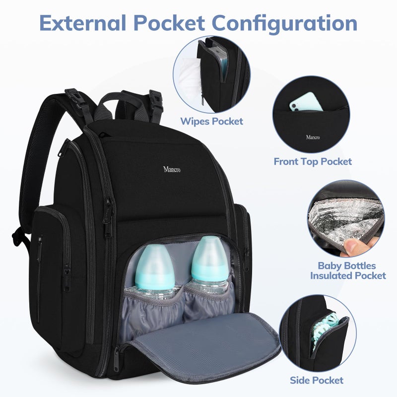 Mancro Backpack Diaper Bag, Waterproof Boy Travel Bag for Dad and Men, Large Multi-Function, Many Pockets, Lightweight, Stylish Diaper Backpack, Black - Image 4