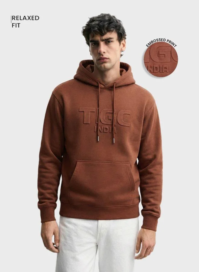 The Indian Garage Co Men Relaxed Fit Typographic Printed Crew Neck Full Sleeves Overhead Hooded Sweatshirt