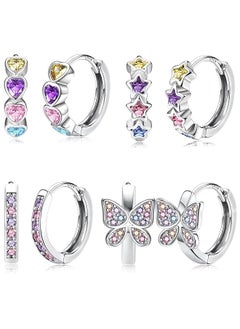 4Pairs Hypoallergenic Small Hoop Earrings For Girls Women 925 Sterling Silver Post Huggie Earrings Heart Flowers Heart Butterfly Star Cubic Zirconia Cartilage Earrings For Sensitive Ears
