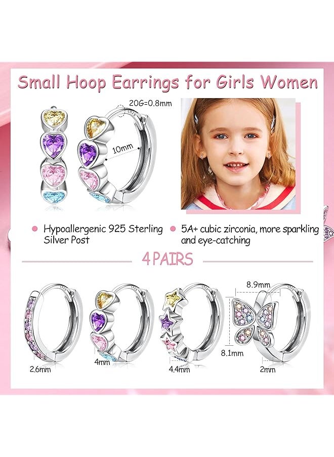 Besteel - 4Pairs Hypoallergenic Small Hoop Earrings For Girls Women 925 Sterling Silver Post Huggie Earrings Heart Flowers Heart Butterfly Star Cubic Zirconia Cartilage Earrings For Sensitive Ears - Image 1