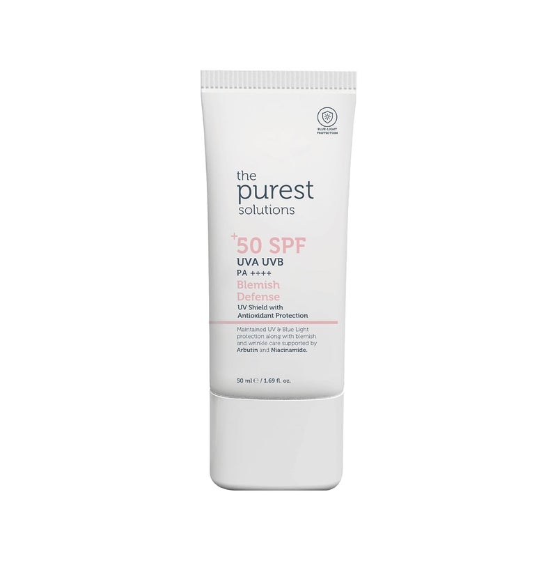 The Purest Solutions Blemish Defense UV Shield with Antioxidant Protection SPF 50 8h UVA Protection Arbutin Niacinamide for Skin Tone Harmonization and Moisturizers Vegan 50 ml
