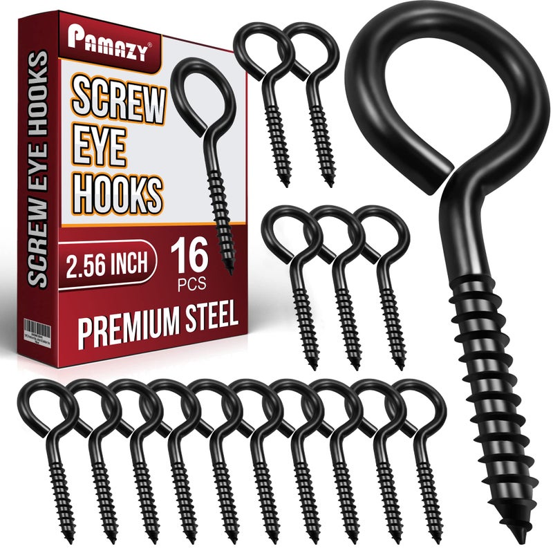 PAMAZY 16pcs Screw Eyes 256 Inch Black Eye Hooks Screw Self Tapping Eye Heavy Duty Eye Bolt for Wood Securing Cables Wire Hammock Stand Indoor Outdoor Use