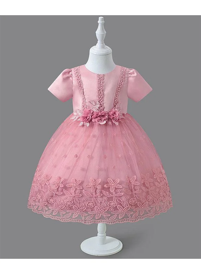 Mark & Mia Mark & Mia Floral Embroidered & Pearl Embellished Short Sleeves Party Frock - Pink