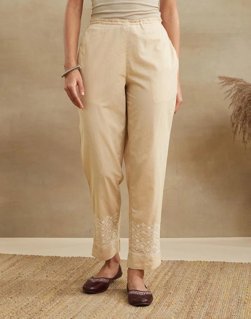 فاب انديا Beige Cotton Chikankari Ethnic Pant