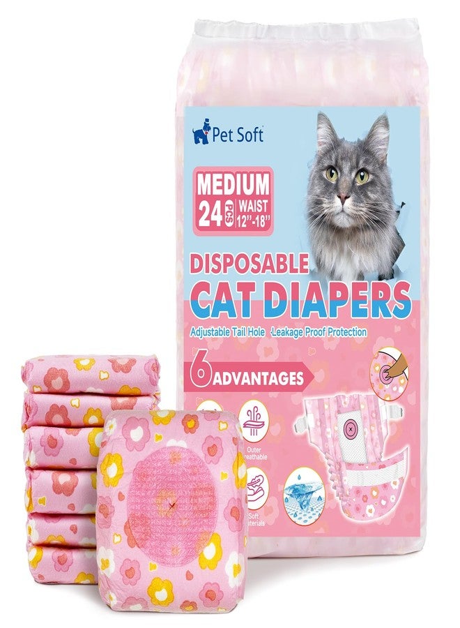 Pet Soft Disposable Cat Diapers - Diaper for Female & Male Cats, Puppy Doggie Diapers for Female Dogs with Adjustable Foam Tail Hole, Medium (24Pcs, PK Flowers) - Image 1