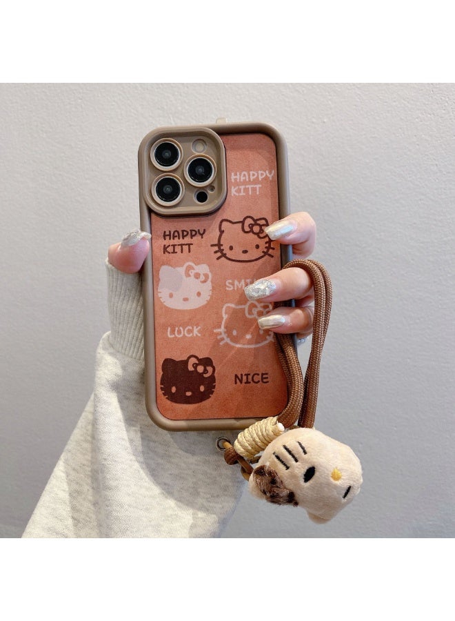 NIBEMINENT Lanyard Leopard Pattern Protective TPU Case Cover For iPhone 15, Brown KT With Lanyard Plush KT - Image 1