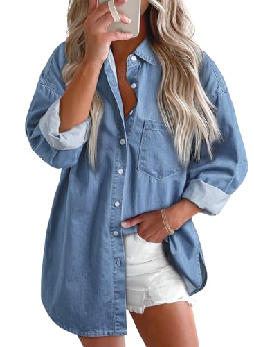 Astylish Ladies Denim Shirts for Women Trendy V Neck Button Down Long Sleeve Blouse Loose Fit Camp Shirts Beau Blue XX-Large - Image 1