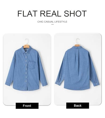 Astylish Ladies Denim Shirts for Women Trendy V Neck Button Down Long Sleeve Blouse Loose Fit Camp Shirts Beau Blue XX-Large - Image 5