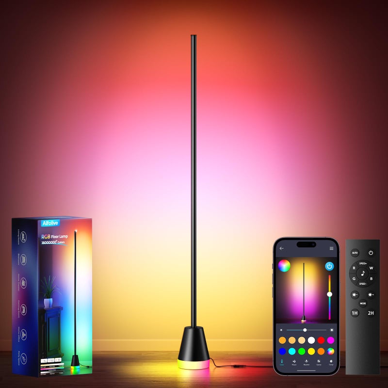 Alfolive RGB Floor Lamp, Smart LED Corner Lamp for Living Room Bedroom, 16 Million DIY Colors Standing Lamp with Music Sync App & Remote Control, Cool Modern Mood Light Ambient Lighting, Black - Image 1