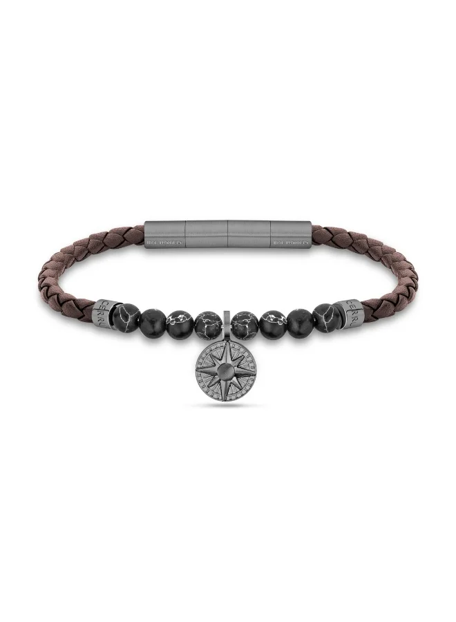 CERRUTI 1881 Kismet Twisted Brown Leather and Black Turquoise Beads with Gunmetal Compass Bracelet for Men