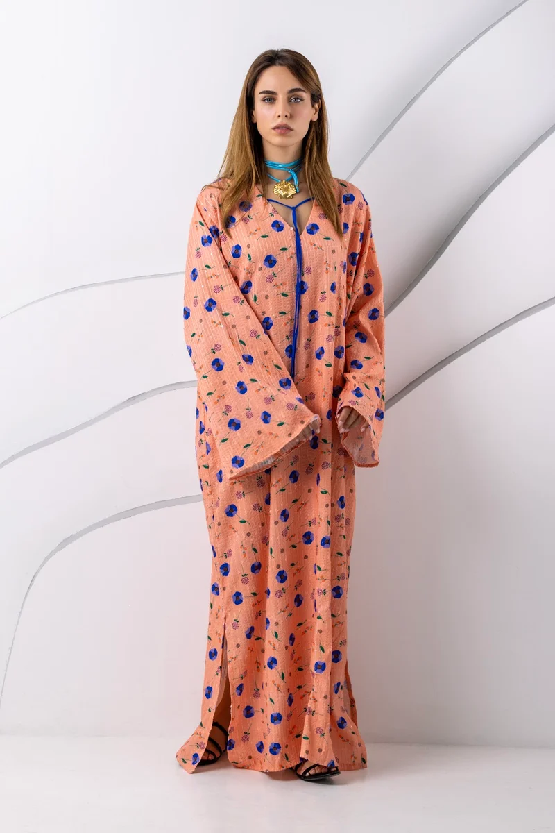 Reem Abayas Orange Sequin Kaftan Dress