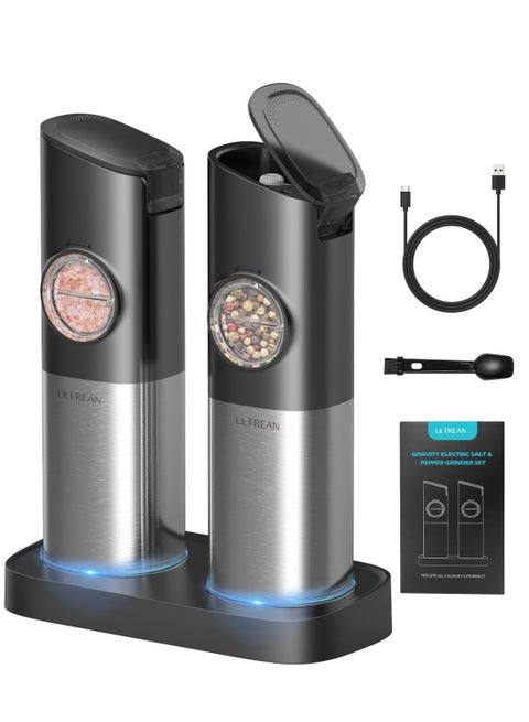Ultrean Gravity Electric Salt and Pepper Grinder Set, USB Rechargeable With Dual Charging Base, Adjustable Fineness, Stainless Steel Construction, One Handed Operation, Auto Dust Lids, LED Light