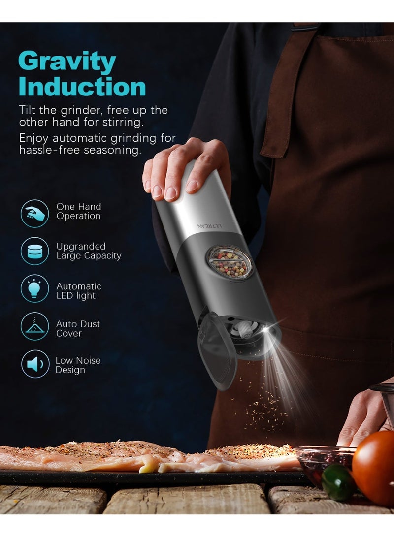 Ultrean Gravity Salt and Pepper Grinder Rechargeable with 6 Adjustable Coarseness LED Light and One Hand Automatic Operation Stainless Steel for Kitchen Home Dining and Outdoor Cooking - Image 3