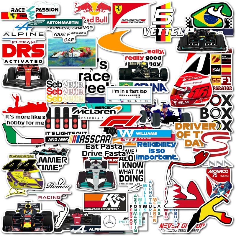 WallDesign Ultimate F1 Racing Sticker Set Collection of 62 - Mobile, Laptop, Accessories, Gifting - Durable, Laminated, Quality Printed Vinyl for True Racing Fans, self-adhesive, 2 inch - Image 1