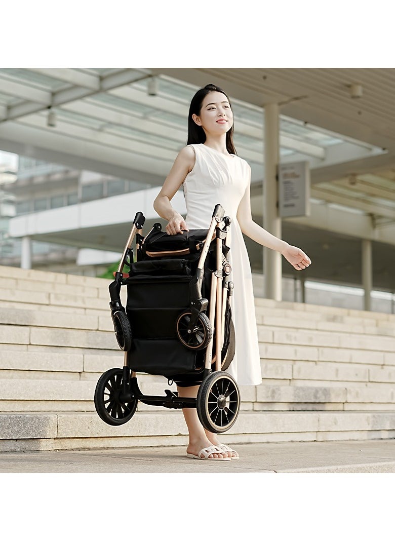 Generic Newborn stroller 2 in 1 Convertible Baby Stroller, Folding High Landscape Infant Carriage, Bassinet Stroller, Foldable Aluminum Alloy Pushchair with Adjustable Backrest and Adjustable Direction.  - Image 3