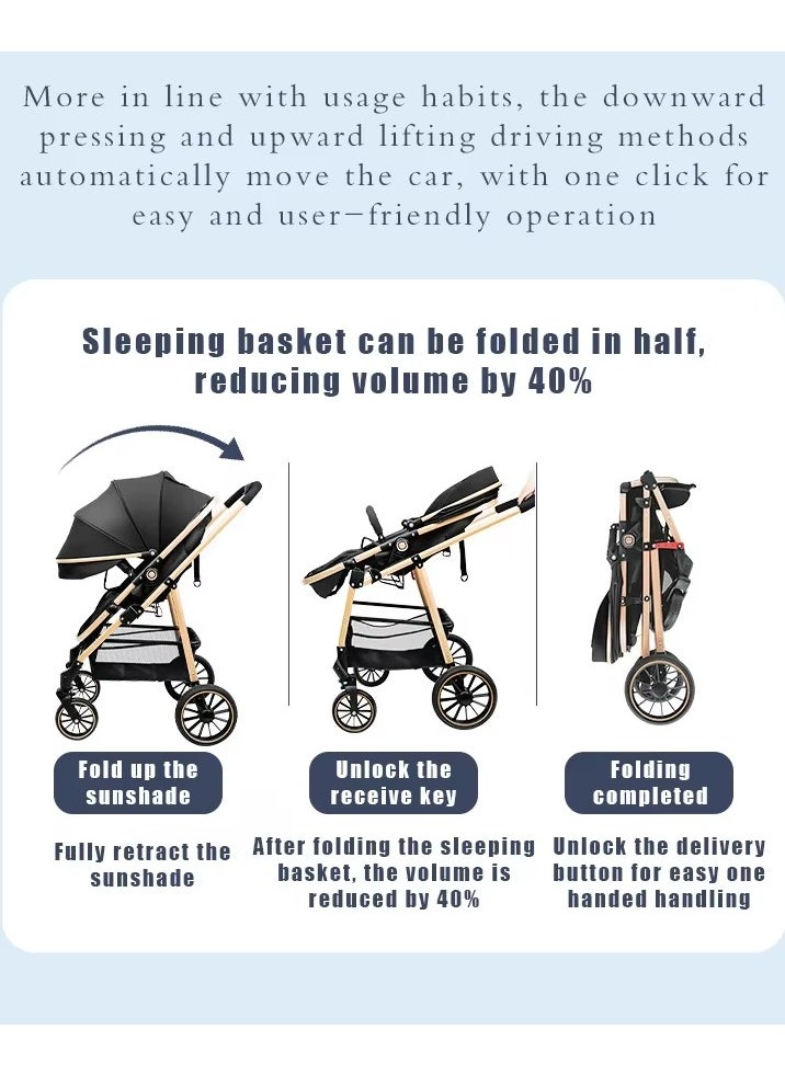 Generic - Newborn stroller 2 in 1 Convertible Baby Stroller, Folding High Landscape Infant Carriage, Bassinet Stroller, Foldable Aluminum Alloy Pushchair with Adjustable Backrest and Adjustable Direction. - Image 1