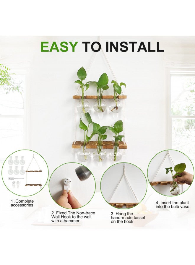 Renmxj Plant Propagation Station Wall Hanging, Plant Terrarium with 2 Tiered Wooden Stand for Hydroponics Plants, Unique Gardening Gifts for Women Mom Plant Lovers - 6 Bulb Glass Vases - Image 2