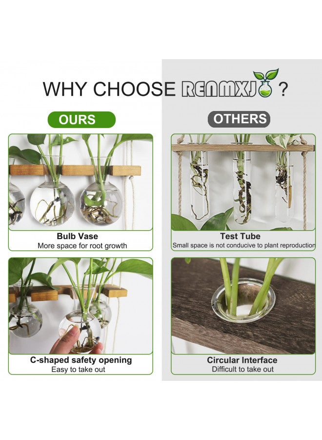 Renmxj Plant Propagation Station Wall Hanging, Plant Terrarium with 2 Tiered Wooden Stand for Hydroponics Plants, Unique Gardening Gifts for Women Mom Plant Lovers - 6 Bulb Glass Vases - Image 3