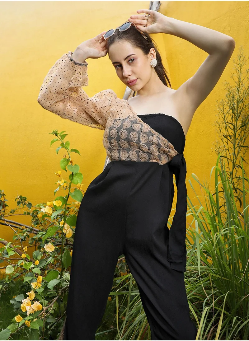 PINACOLADA Women's Black & Beige Self-Design Jumpsuit