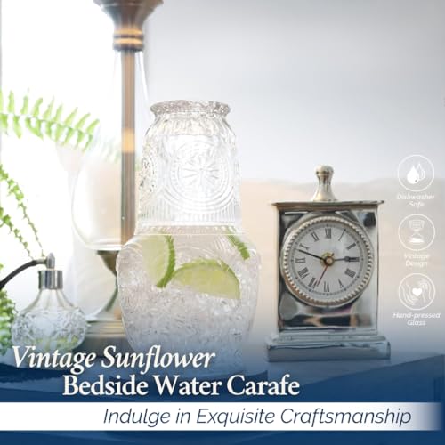 Yungala Vintage Bedside Water Carafe and Glass Set – Clear Glass 22oz - Image 2