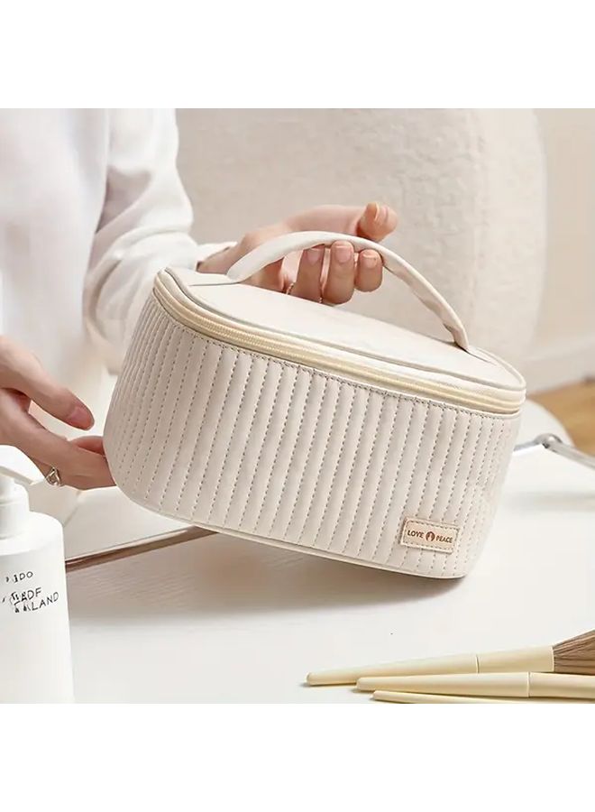 Off White Synthetic Leather Travel Makeup Cosmetic Organizer Bag With Zipper Handle - Image 3